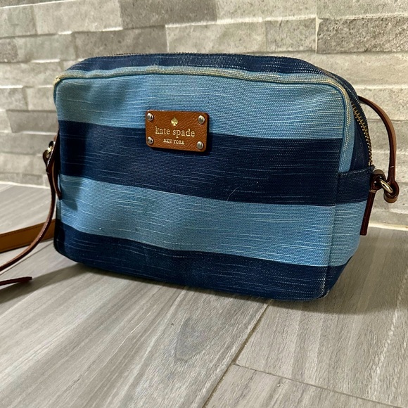 kate spade Handbags - Kate Spade Denim Stripe Crossbody Camera Bag- leather Strap- Blue Brown Gold